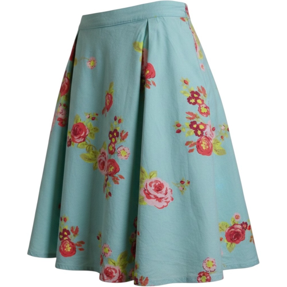 Matilda Jane Women Large Blue Floral Rose A-Line Skirt Elastic Back & Pockets